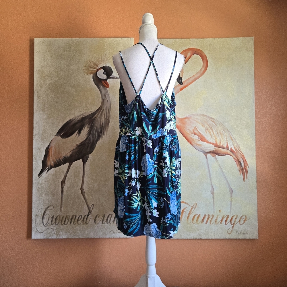 3/$25 Old Navy Stretch Sun Dress Mini Floral Strappy Navy Blue Green XXL - Picture 4 of 13